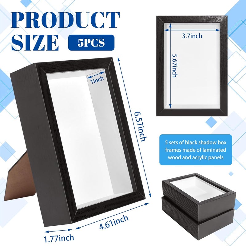VOKOY 5 عبوات إطار صندوق ظل 4" × 6"، إطار صور خشبي صغير مجوف مع واجهة أكريليك شفافة، صناديق عرض صندوق ظل بعمق 1" للصور والزهور المجففة وقواقع البحر والتذكارات والحرف اليدوية والميداليات (أسود) - Image 2